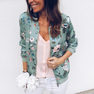 

Women Casual Retro Stand Collar Zipper Up Short Hem Bomber Jacket Coat Floral