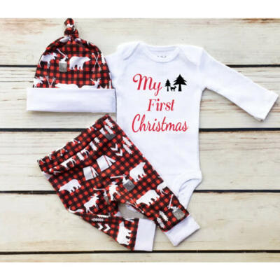 

Newborn Infant Baby Boy Girl My First Christmas Romper Pants Hat Outfits Clothes