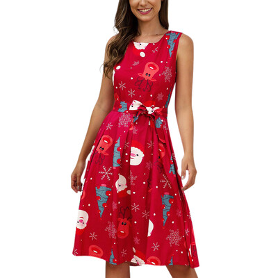 

Round Neck Sleeveless Christmas Cartoon Print Loose Casual Dress