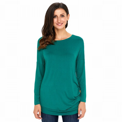 

Double shoulder round long sleeve side button solid color casual straight top