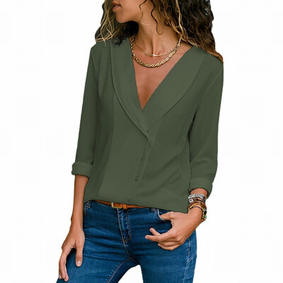 

Solid color V-neck long-sleeved button casual loose blouse top