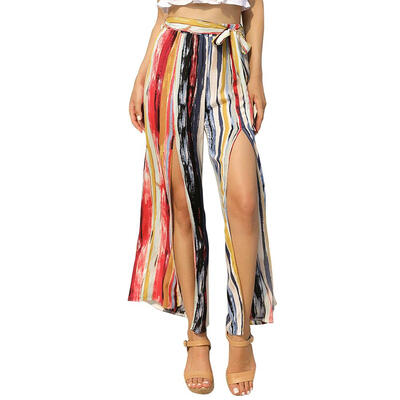 

Women Print Wide Leg Pants Belt High Waist Contrast Color Slit Trousers