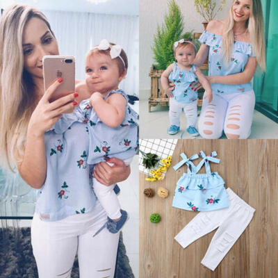 

USA Floral Mother&Daughter Matching Outfits Striped Tops Hole Pants Clothes