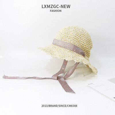 

New Korean version of hat parent-child hook hollowed out plaid butterfly knot tie straw hat outdoor sun protection hat