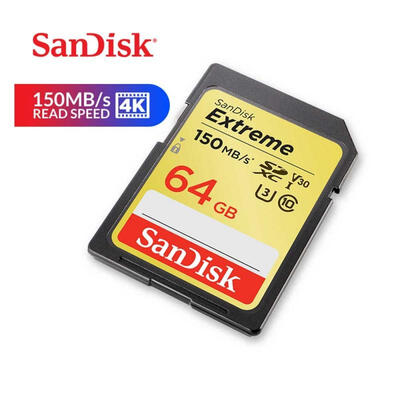 

SanDisk Memory Card Extreme SDXC SD Card 64GB C10 U3 V30 150MBs Read Speed 4K UHD For Camera
