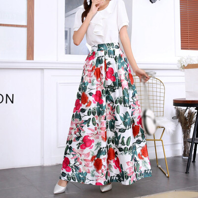 

Summer Womens Large Swing Casual Loose Flower Printed Fluffy Maxi Skirt Beach