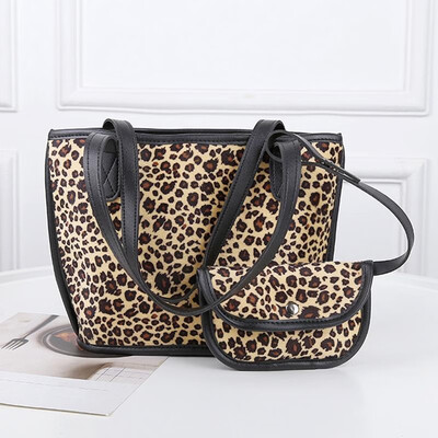 

New Fashion Women Faux Suede Handbag Leopard Print Solid Large Capacity Shopping Shoulder Bag Tote BlackBrownKhaki