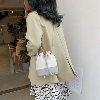 

Women Patchwork Leather Shoulder Bags Plaid Drawstring Closure Bucket Crossbody Bags Fashion Girls Travel Daily Handbags