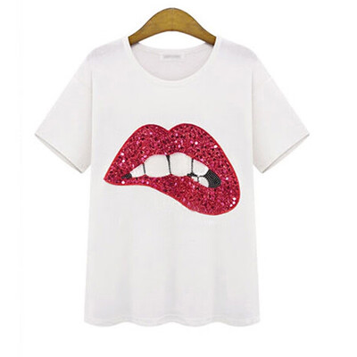 

Sexy Women Casual Shirts Sequin Lips Print Short Sleeve Tops Shirts -XL