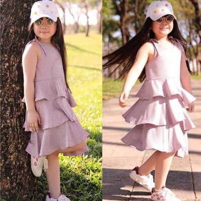 

Summer Toddler Baby Girl Sleeveless Solid Ruffles Backless Dress Layered Dresses