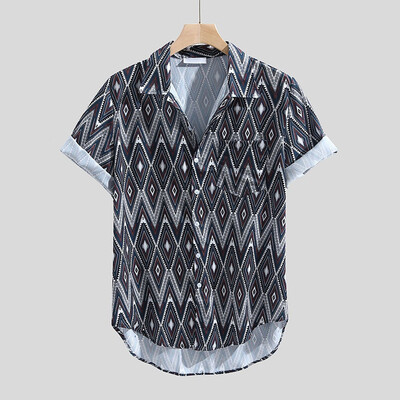 

Toponeto Mens Vintage Ethnic Printed Turn Down Collar Short Sleeve Loose Casual Shirt Top