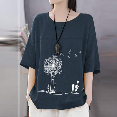

Starmoon Plus Size Women Short Sleeve Cotton Linen O-Neck Print Blouse Top T-Shirt