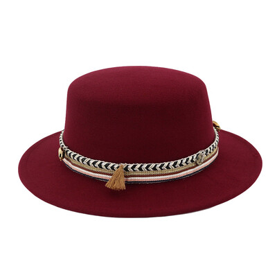 

Tailored Women Wide Brim Wool Belt Felt Flat Top Fedora Hat Party Church Trilby Hats Cap
