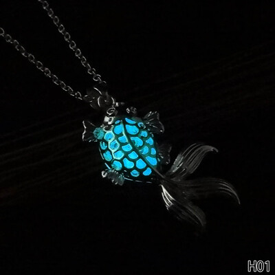 

Fluorescent Stone Hollow Silver Plated Luminous Goldfish Necklace Night Locket Cage Item Vintage