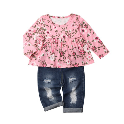 

Toddler Kids Baby Girls Flower Tops Denim Pants Winter Outfits Clothes