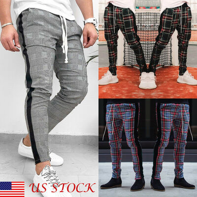 

Mens Gym Trousers Plaid Tracksuit Bottoms Skinny Joggers Sweat Track Pants