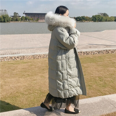 

2018 han edition winter clothing new fashion loose quilt type big hair collar is thickened too knee long style down jacket female