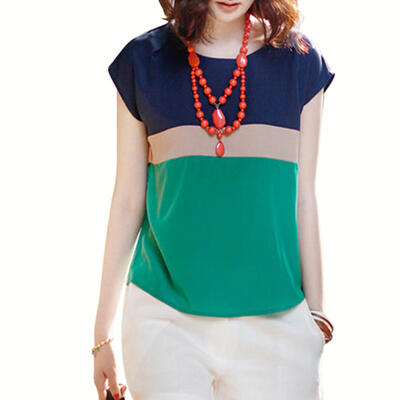 

Women Basic T-shirt Chiffon Stitching O-neck Short Sleeve Casual Top Tees