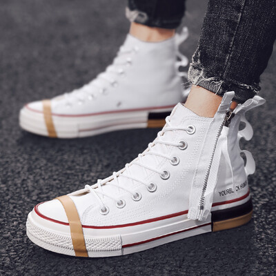 

New Zipper Canvas Shoes Mens High Uppers Black Plate Shoes Uzzang Port Trendy Shoes