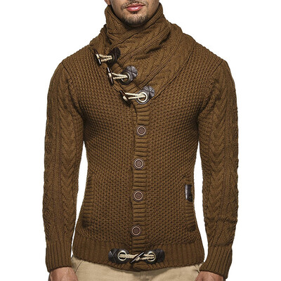

Male Men Turtleneck Sweater Cardigan Coat Horns Buckle Knitted Sweaters Jacket