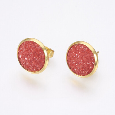 

Resin Stud Earrings with Golden Tone 304 Stainless Steel Findings Flat Round Druzy Resin Red 14515mm Pin 07mm