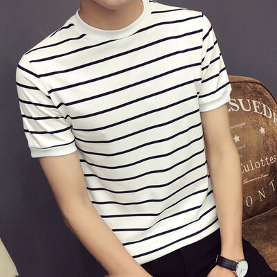 2019 Mens Casual Slim Fit Stripe Round Neck Short Sleeve Basic T-shirt Tee Tops
