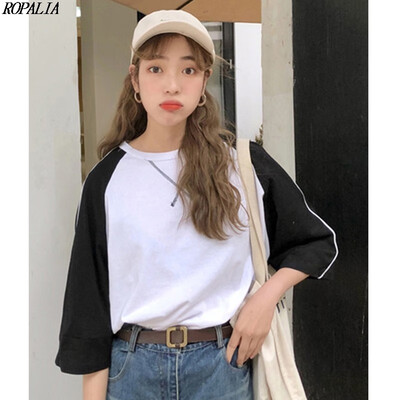 

Womens O Neck Short Sleeve Color Block Loose T-Shirt