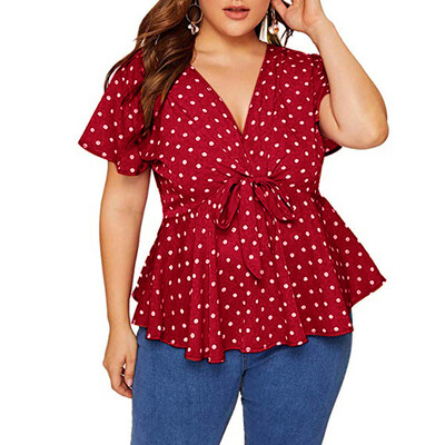 

Roseonmyhand Womens Plus Size V Neck Short Sleeve Shirt Top Polka Dot Knot Front Blouse