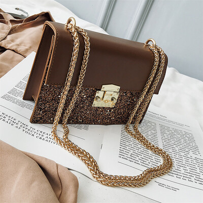 

Sequin Small Square bag Lock Flip bag 2019 Fashion New Quality PU Leather Womens Designer Handbag Chain Shoulder Messenger Bag