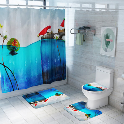 

〖Follure〗Santa Christmas Print Toilet Bathroom Mat And Shower Curtain Four-Piece Set