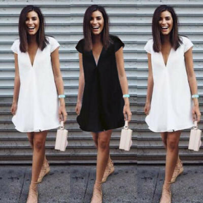 

Women Ladies Short Sleeve Loose Mini Dress Summer Shirt Dress Holiday Beach Tops