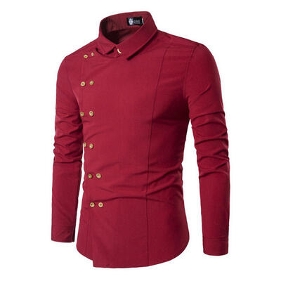 

Fashion Gold Double Breasted Mens Shirt Casual Slim Long Sleeve Base Shirt Tops