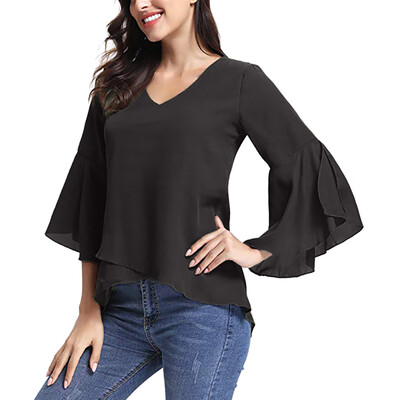 

Starmoon Women Summer V-Neck Bell Sleeve Solid Chiffon Tunic Tops Blouse Shirt