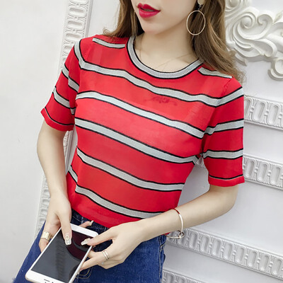 

Womens Casual O Neck Striped Short Sleeve Thin Perspective Knitted Pullover T-Shirt