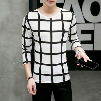 

Men Long Sleeve Round Neck Slim Fit Plaid Blouse Tops Pullover Party T-Shirts