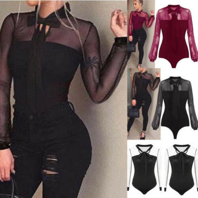 

Womens Long Sleeve Shirt Romper Jumpsuit Bodysuit Stretch Leotard Tops Size