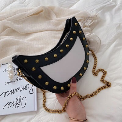 

2019 New Half Moon Shaped Women Rivet Chain Messenger Bag Shell Brand Design Lady Retro handbag Shoulder Crossbody Bag Bolso