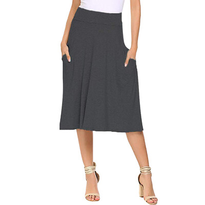 

Roseonmyhand Women Basic Solid Stretch Elastic High Waist Flare Pockets A Line Skirts