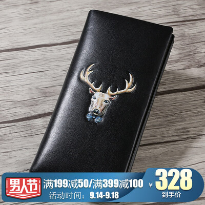 

JIVIVIL original deer head king mens wallet long head layer leather wallet personality fashion two fold multi-card position ticket holder J668082 black