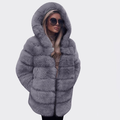 

Roseonmyhand Women Fashion Luxury Faux Fur Coat Hooded Autumn Winter Warm Overcoat