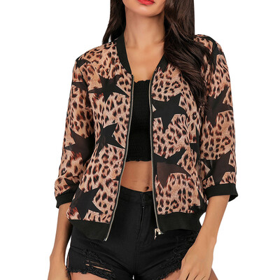 

Toponeto Womens Fashion Leopard Print Blouse Baseball Outwear Jackets Zipper Coats