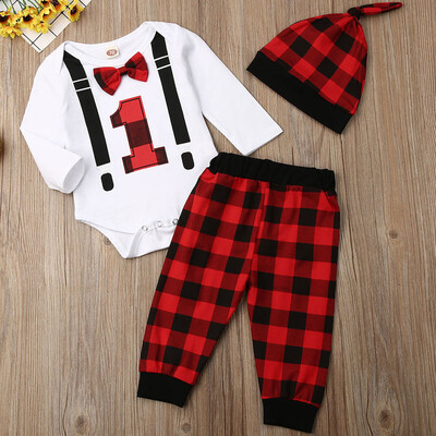 

Baby Boy Girl Newborn First Christmas Clothes Bow Long Sleeve Romper Plaid Pant