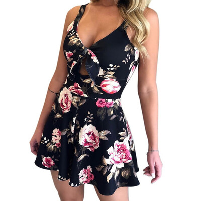 

Sexy Strap Front Bow Tie Overalls Floral Print Playsuit Women Summer Boho Wide Leg Beach Rompers Jumpsuit Backless