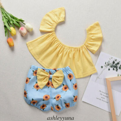 

AU 2PCS Newborn Baby Girls Summer Crop Tops Bowknot Sunflower Short Pants Outfit