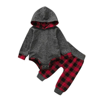 

Newborn Baby Boys Girls Long Sleeve Hooded Romper Plaid Pants 2pcs Outfits UK