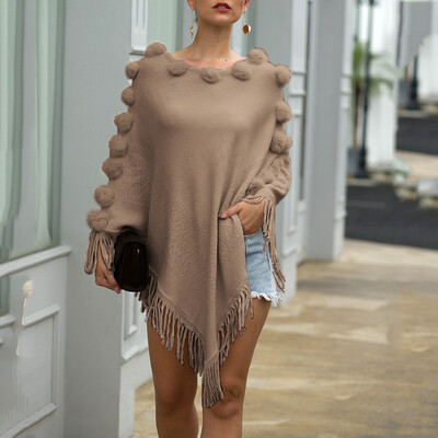 

Tailored Womens Fashionable Round-Necked Cloak Shawl Collar Pure-Color Sweater Blouse