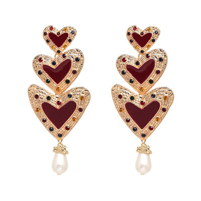 

Vintage Women 3 Hearts Drop Rhinestone Faux Pearl Enamel Statement Stud Earrings