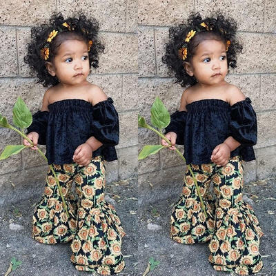 

Toddler Baby Girls Off Shoulder Tops T-shirtSunflower Printed Loose Pants 2Pcs Clothes Fit For 1-6T