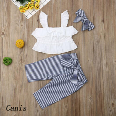 

3PCS Toddler Kids Baby Girls Vest TopsStripe Bow Pants Casual Clothes Outfit