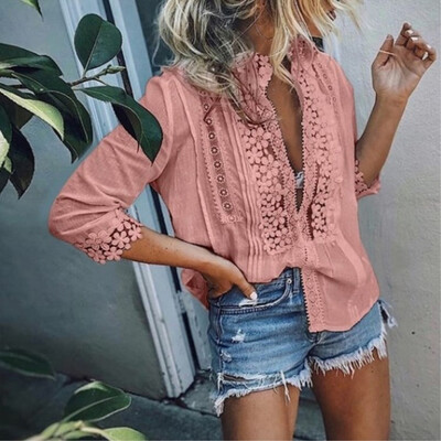 

Womens T Shirts Lace Floral Half Sleeve Pullovers Boho Tunic Tops V Neck Blouse